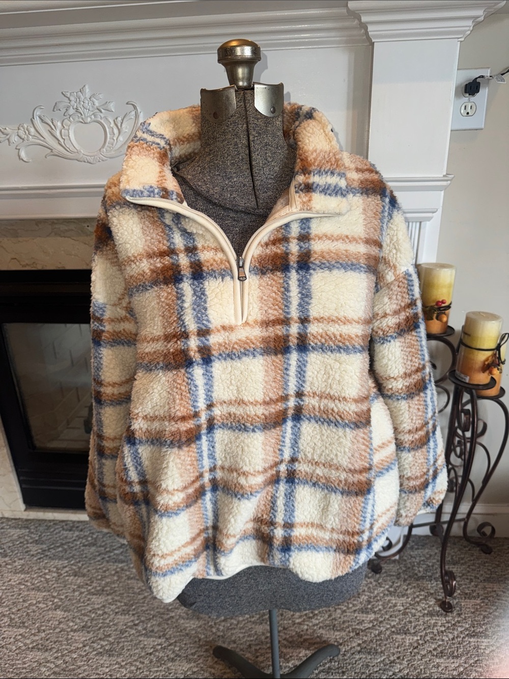 Plaid Cream Sherpa Half-Zip Teddy Jacket